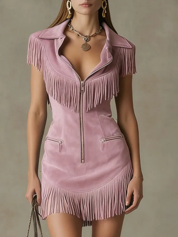 Bohemian Western Retro Pinkish Purple Faux Suede Sleeveless Tassel Mini Dress sold by Oyrosy