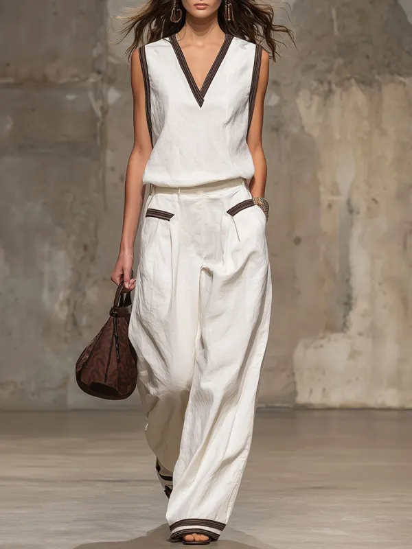 Casual Retro Brown-trimmed White Cotton Linen Sleeveless Top And Pants Set made by Oyrosy