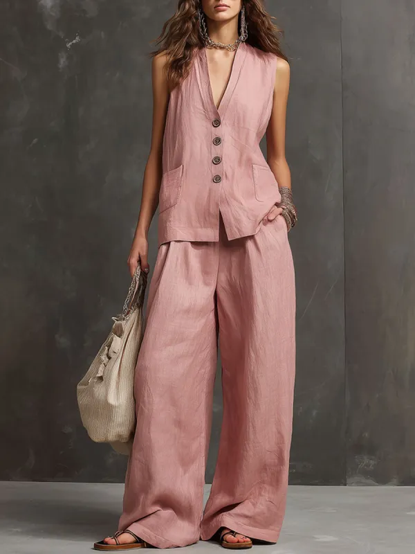 Casual Retro Pink Cotton Linen Sleeveless Shirt And Wide-Leg Pants Set sold by Oyrosy