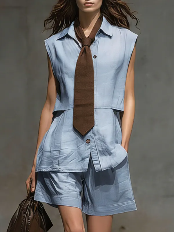 Retro Tie Sleeveless Light Blue Cotton Linen Shirt And Shorts Set made by Oyrosy