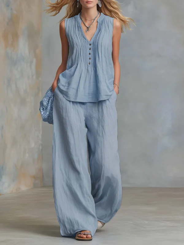 Loose-fitting Solid Color Cotton And Linen Top And Pants Set made by Oyrosy