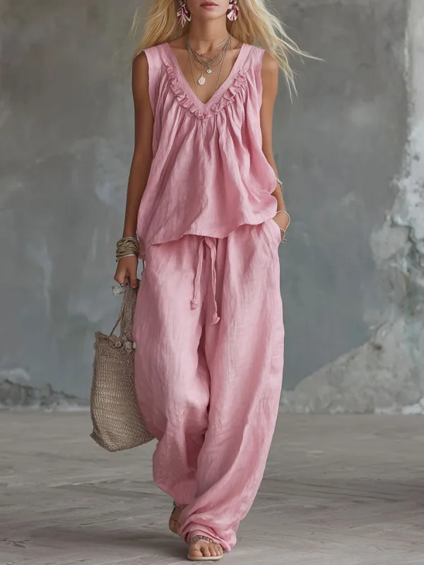 Loose-fitting Cotton-linen V-neck Sleeveless Top And Pants Set made by Oyrosy