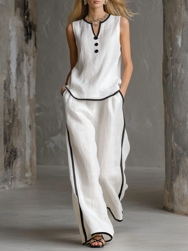 Loose-fitting Cotton-linen Color-blocked Sleeveless Top And Pants Set made by Oyrosy
