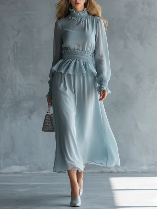Stylish And Elegant High-neck Long-sleeved Ruffled Chiffon Midi Dress made by Oyrosy
