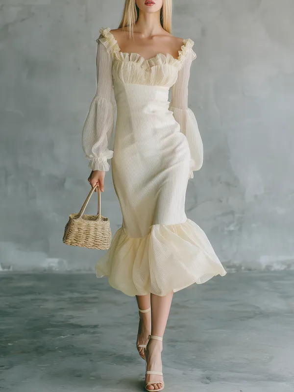 Exquisite And Elegant Square Neckline Ruffles Chiffon Midi Dress made by Oyrosy