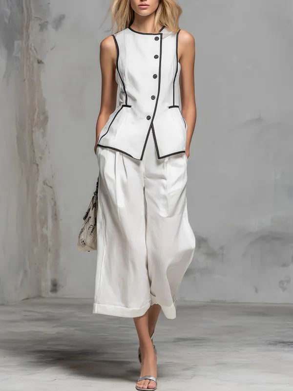 Casual And Stylish Sleeveless Round Neck Asymmetrical Top And Capri Pants Set sold by Oyrosy