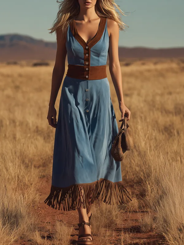 Western Bohemian Style V-neck Button-down Sleeveless Fringed Suede Maxi Dress sold by Oyrosy