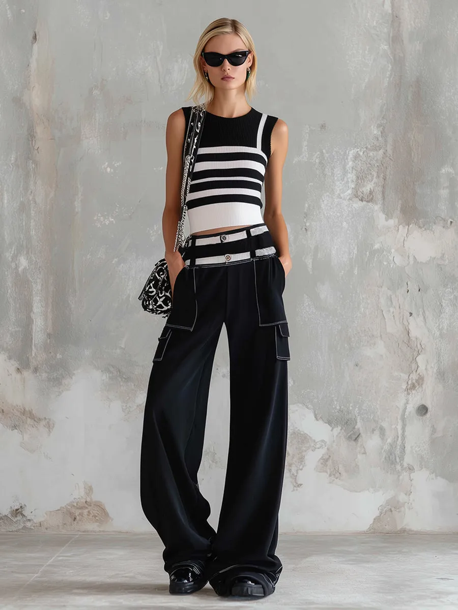 Stylish Sporty Black Striped Knit Vest Cotton Wide-Leg Pants Set sold by Oyrosy product image thumbnail 3