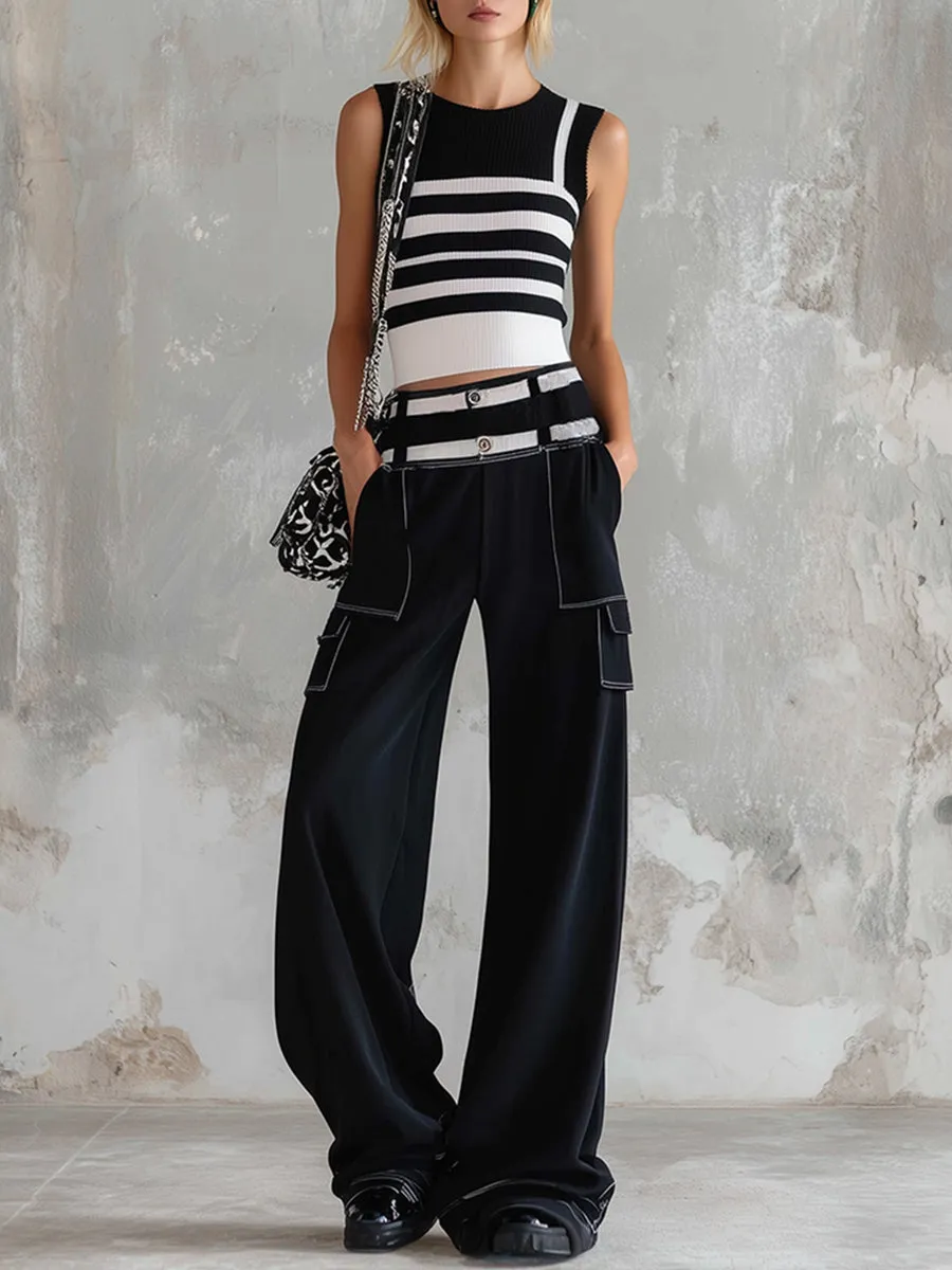 Stylish Sporty Black Striped Knit Vest Cotton Wide-Leg Pants Set sold by Oyrosy
