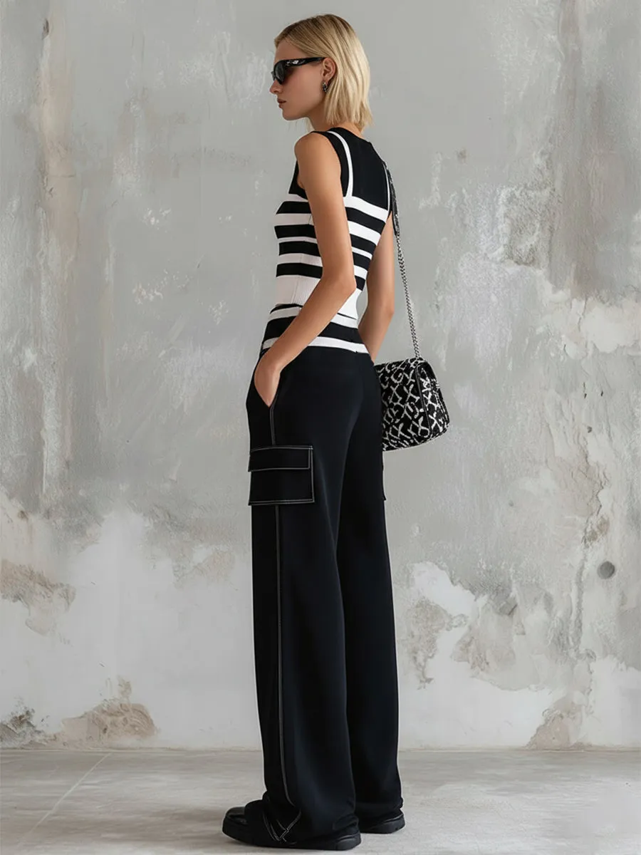 Stylish Sporty Black Striped Knit Vest Cotton Wide-Leg Pants Set sold by Oyrosy product image thumbnail 2