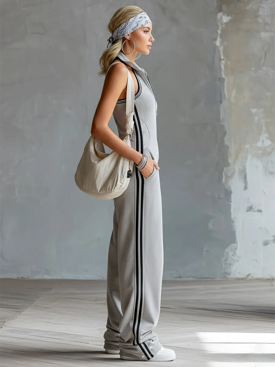 Retro Sporty Striped Trim Light Gray Lapel Narrow Shoulder Cotton Sleeveless Jumpsuit sold by Oyrosy product image thumbnail 2