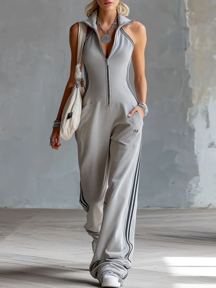 Retro Sporty Striped Trim Light Gray Lapel Narrow Shoulder Cotton Sleeveless Jumpsuit sold by Oyrosy