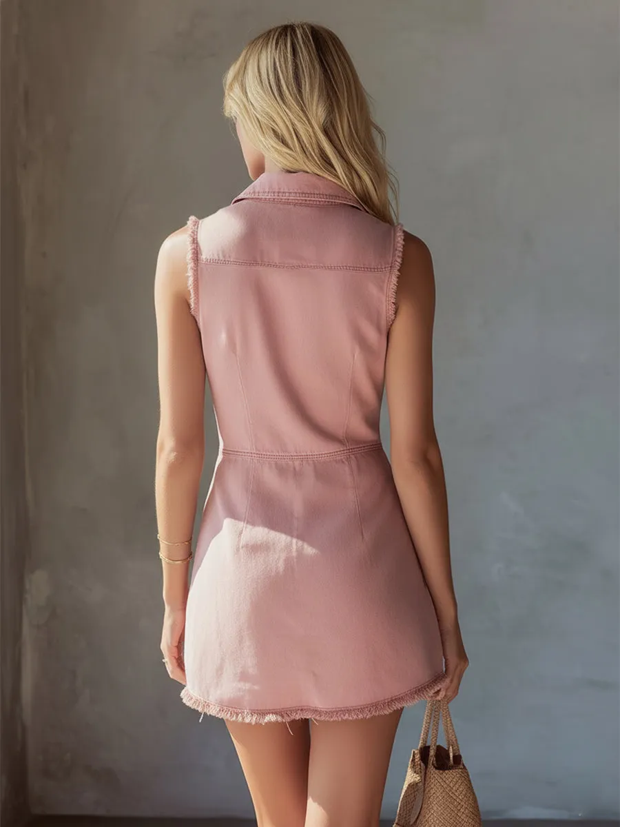 Retro-chic Pink Denim Frayed Front Button Sleeveless Mini Dress sold by Oyrosy product image thumbnail 3