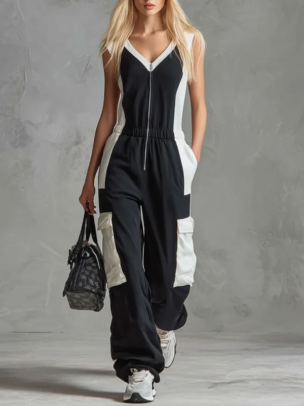Casual Retro Sporty Black And White Color-blocked V-neck Half-zip Jumpsuit made by Oyrosy