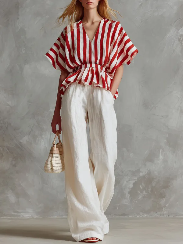 Casual Retro Style Red And White Striped Chiffon Shirt And White Cotton Linen Pants Set made by Oyrosy