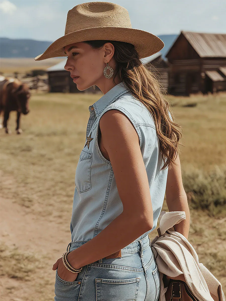 Western Retro Embroidered Blue Sleeveless Denim Shirt sold by Oyrosy product image thumbnail 2