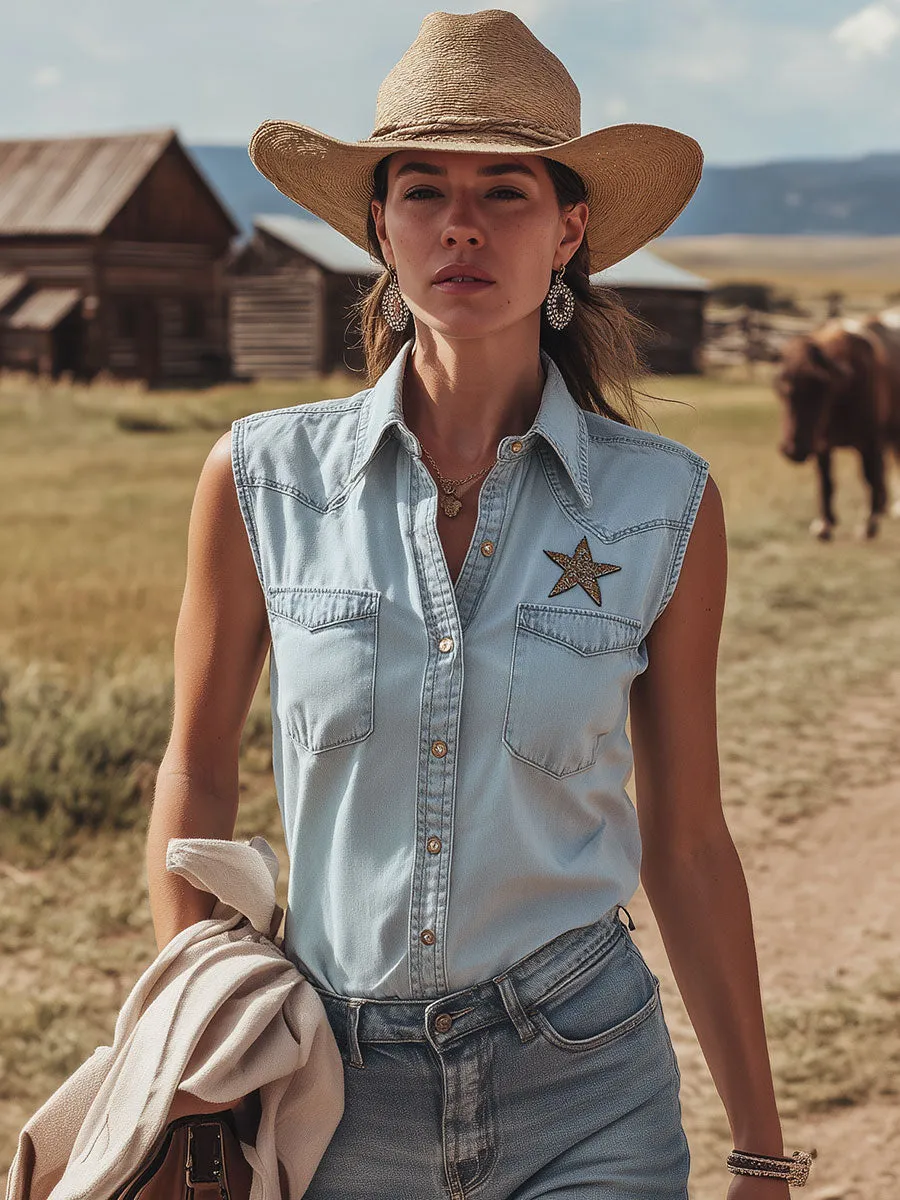 Western Retro Embroidered Blue Sleeveless Denim Shirt sold by Oyrosy product image thumbnail 4