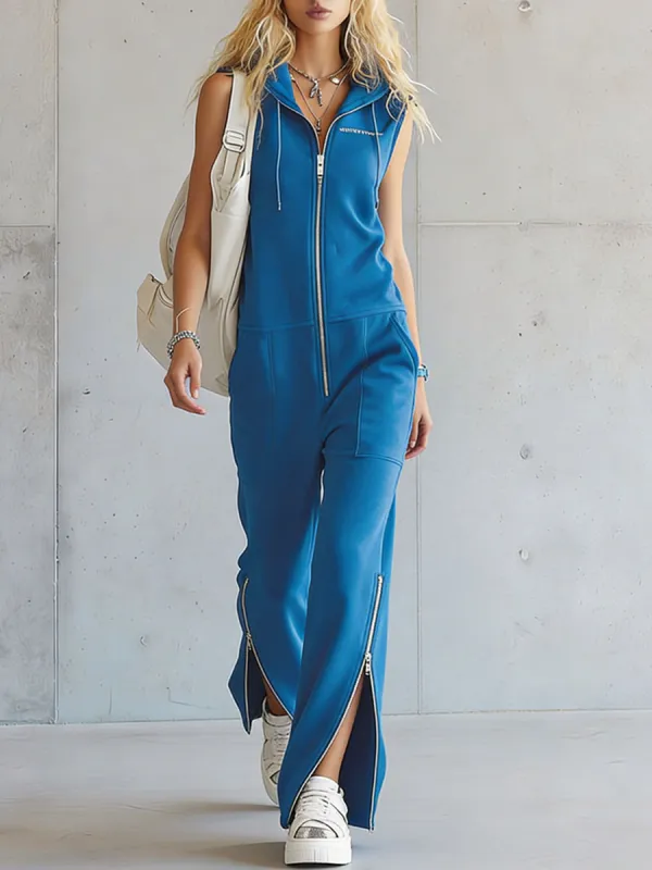 Retro Sporty Embroidered Zippered Blue Cotton Sleeveless Hooded Jumpsuit made by Oyrosy