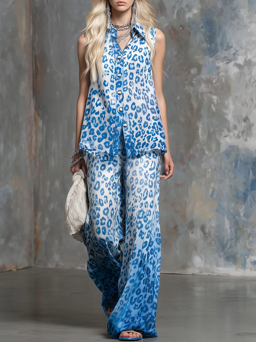 Gradient Blue Leopard Print Sleeveless Shirt And Trousers Chiffon Set sold by Oyrosy