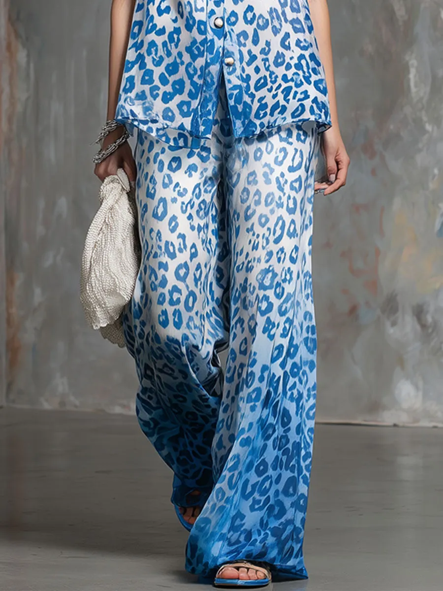 Gradient Blue Leopard Print Sleeveless Shirt And Trousers Chiffon Set sold by Oyrosy product image thumbnail 4