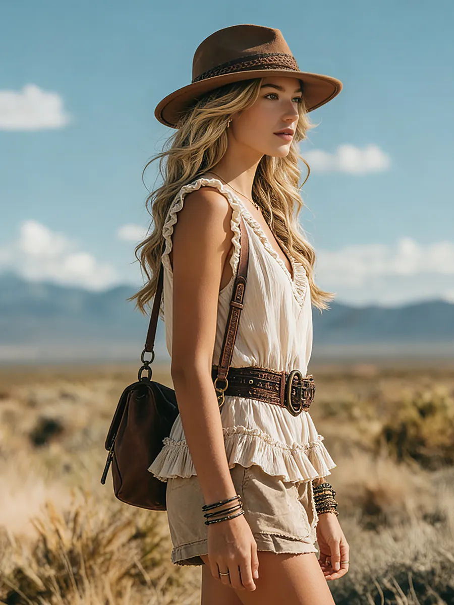 Western Bohemian Style V-neck Sleeveless Ruffled Chiffon Top sold by Oyrosy product image thumbnail 2