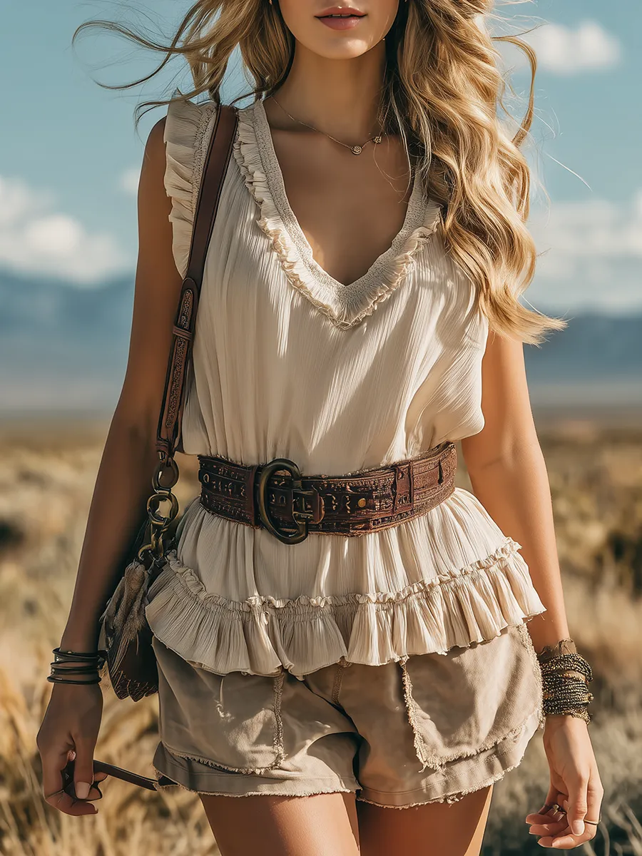 Western Bohemian Style V-neck Sleeveless Ruffled Chiffon Top sold by Oyrosy