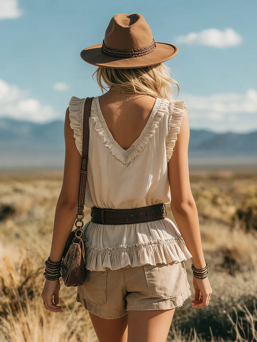 Western Bohemian Style V-neck Sleeveless Ruffled Chiffon Top sold by Oyrosy product image thumbnail 3
