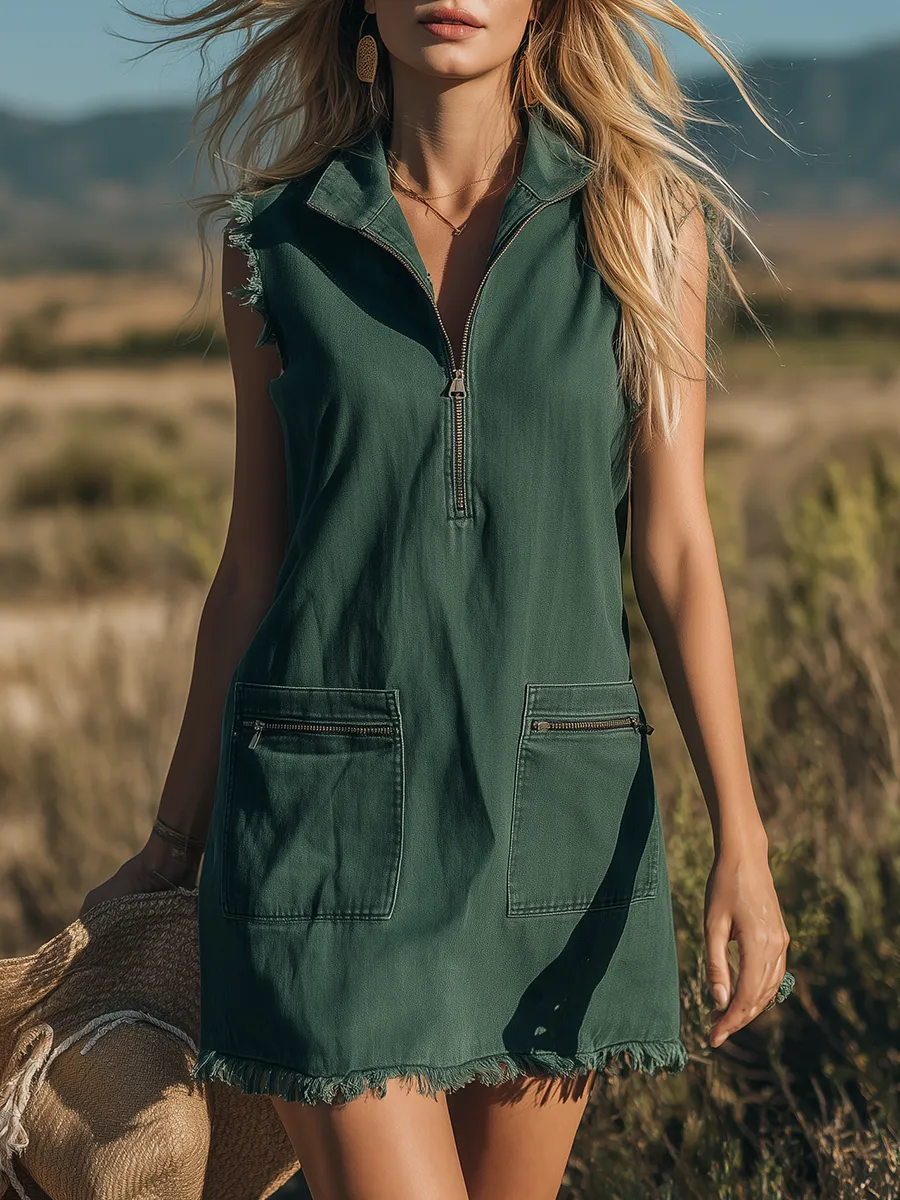 Fashionable Retro Collared Sleeveless Frayed Zipper Denim Mini Dress sold by Oyrosy