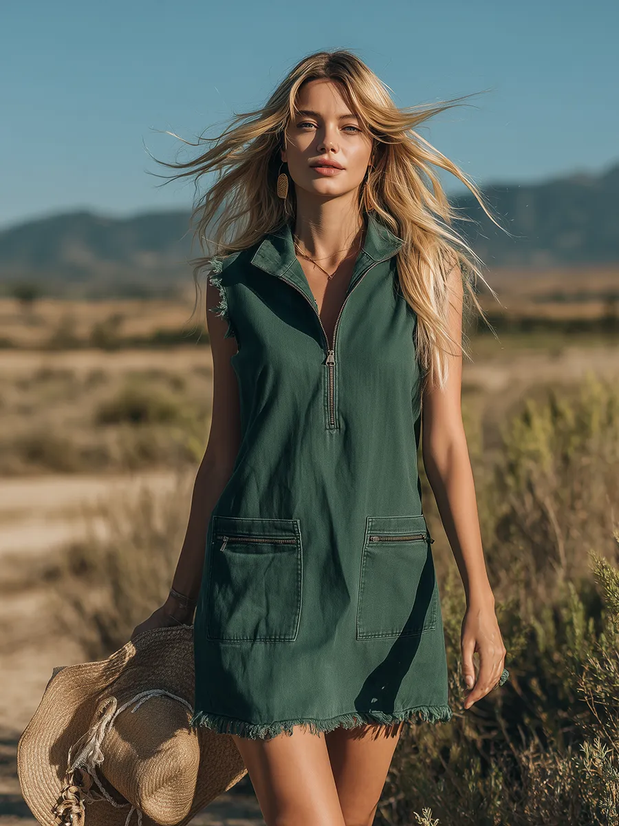 Fashionable Retro Collared Sleeveless Frayed Zipper Denim Mini Dress sold by Oyrosy product image thumbnail 4