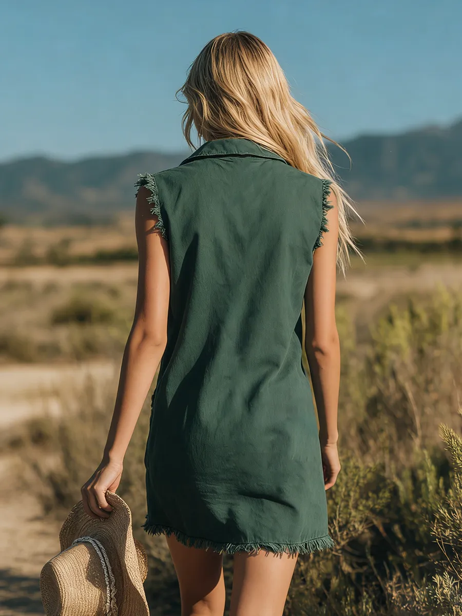 Fashionable Retro Collared Sleeveless Frayed Zipper Denim Mini Dress sold by Oyrosy product image thumbnail 3