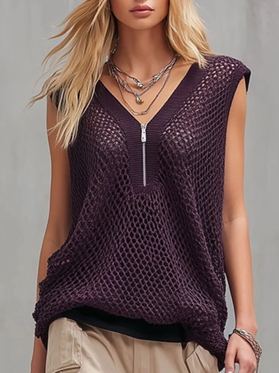 Stylish And Casual Purple Mesh Knit Sleeveless T-shirt And Khaki Trousers Set sold by Oyrosy product image thumbnail 5