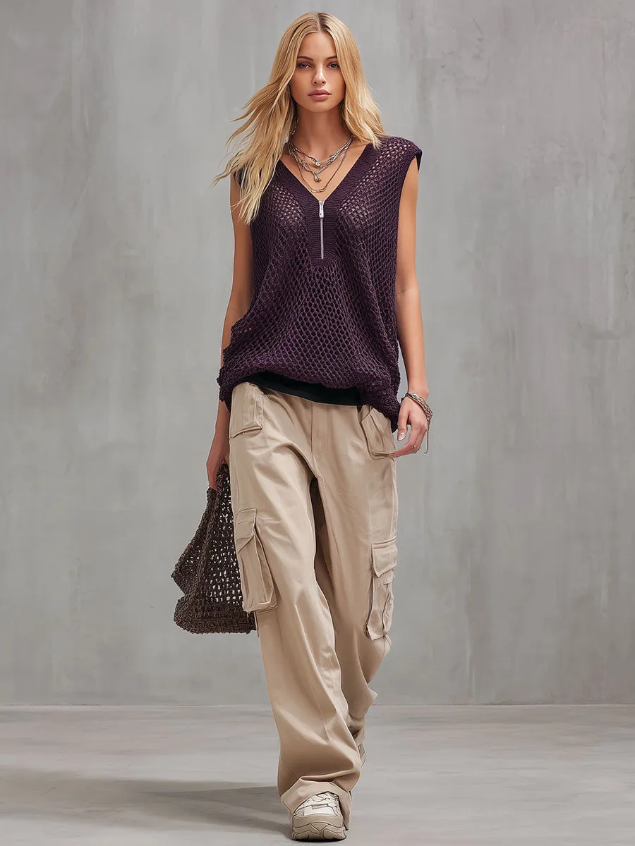 Stylish And Casual Purple Mesh Knit Sleeveless T-shirt And Khaki Trousers Set sold by Oyrosy product image thumbnail 4
