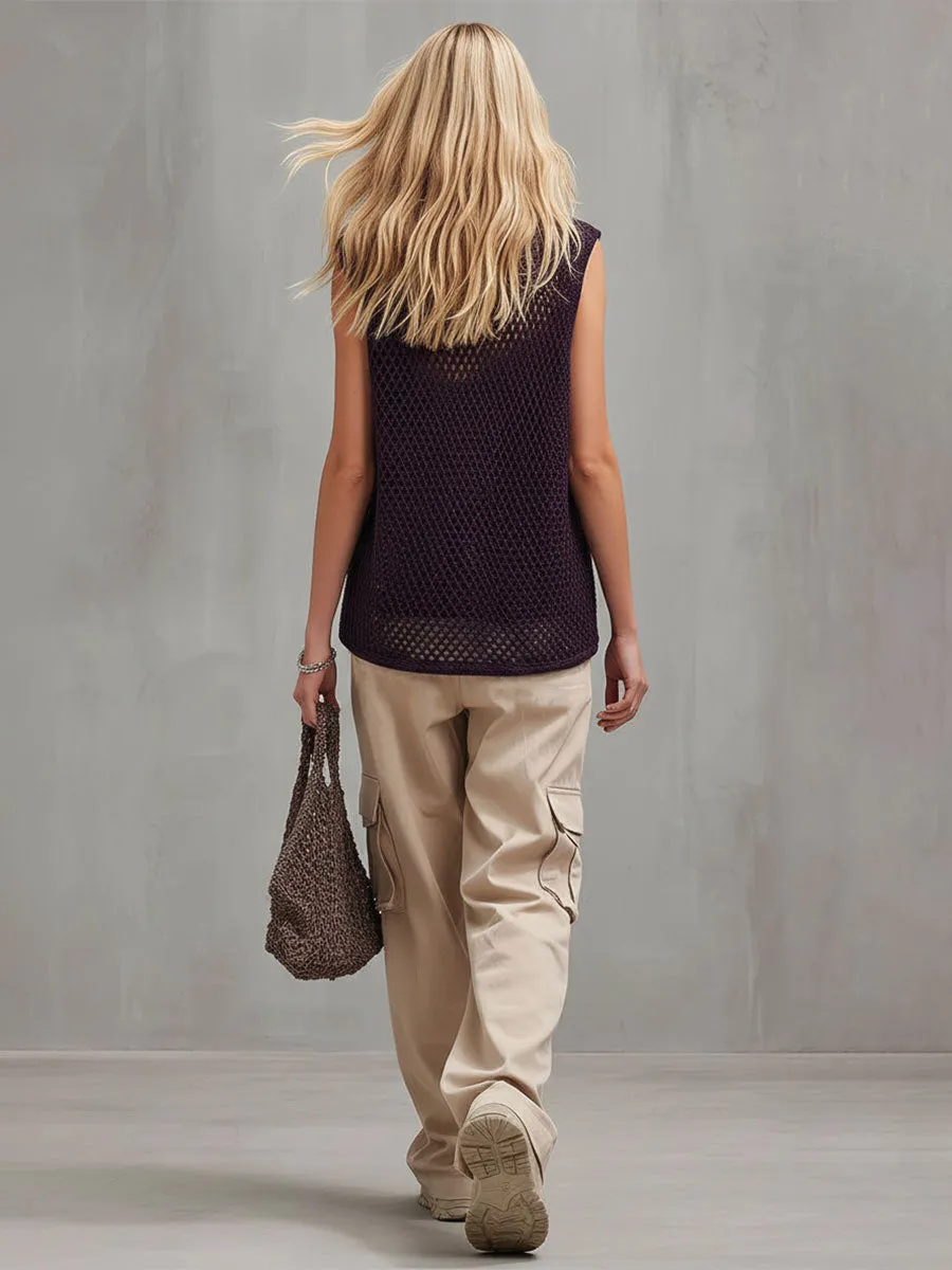 Stylish And Casual Purple Mesh Knit Sleeveless T-shirt And Khaki Trousers Set sold by Oyrosy product image thumbnail 3