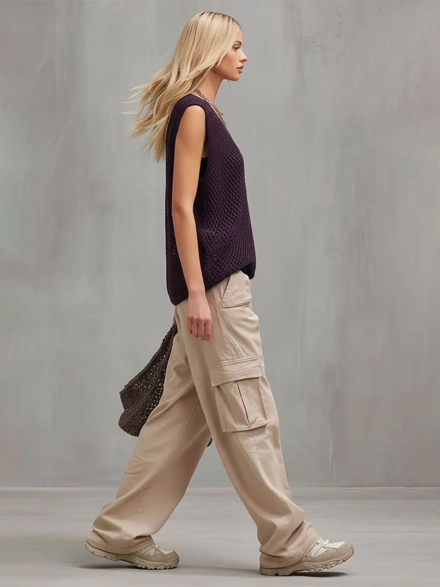 Stylish And Casual Purple Mesh Knit Sleeveless T-shirt And Khaki Trousers Set sold by Oyrosy product image thumbnail 2