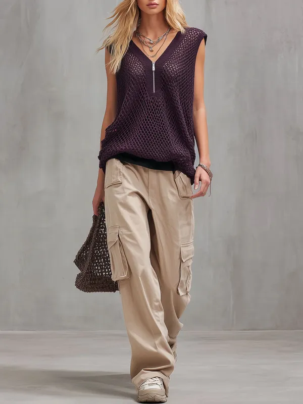 Stylish And Casual Purple Mesh Knit Sleeveless T-shirt And Khaki Trousers Set made by Oyrosy