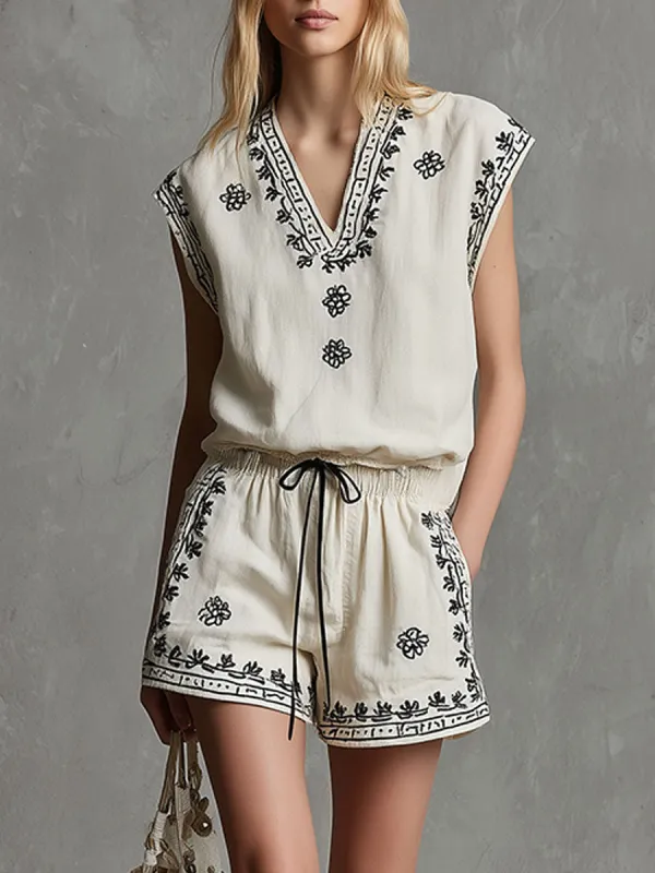 Casual Retro Embroidered White Sleeveless Cotton And Linen Shirt And Shorts Set made by Oyrosy