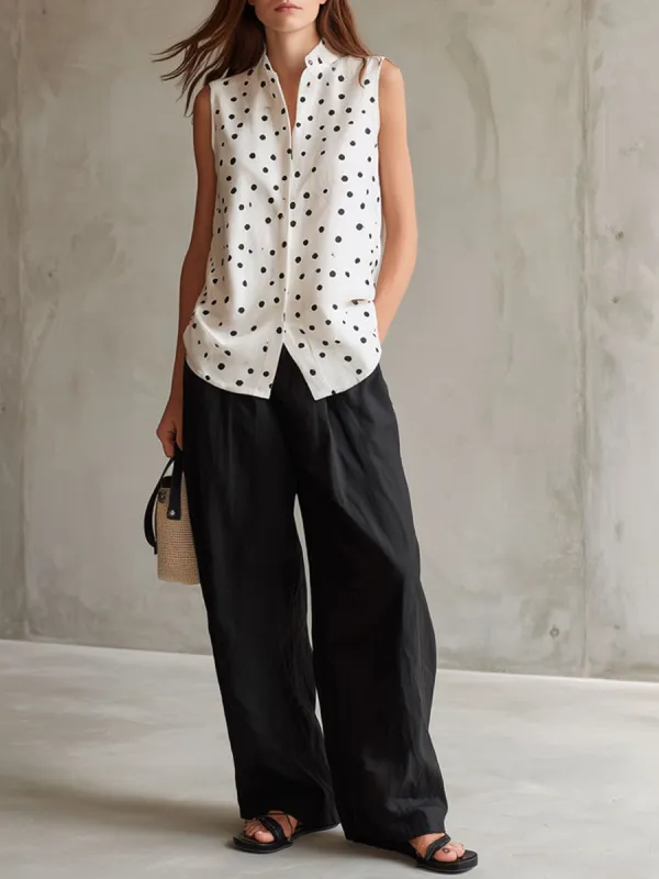 Casual Retro Cotton Linen Polka Dot Sleeveless Shirt And Wide-leg Pants Set sold by Oyrosy