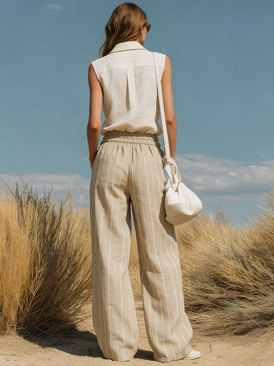 Casual Retro Cotton And Linen Sleeveless Shirt And Khaki Striped Wide-leg Pants Set sold by Oyrosy product image thumbnail 3
