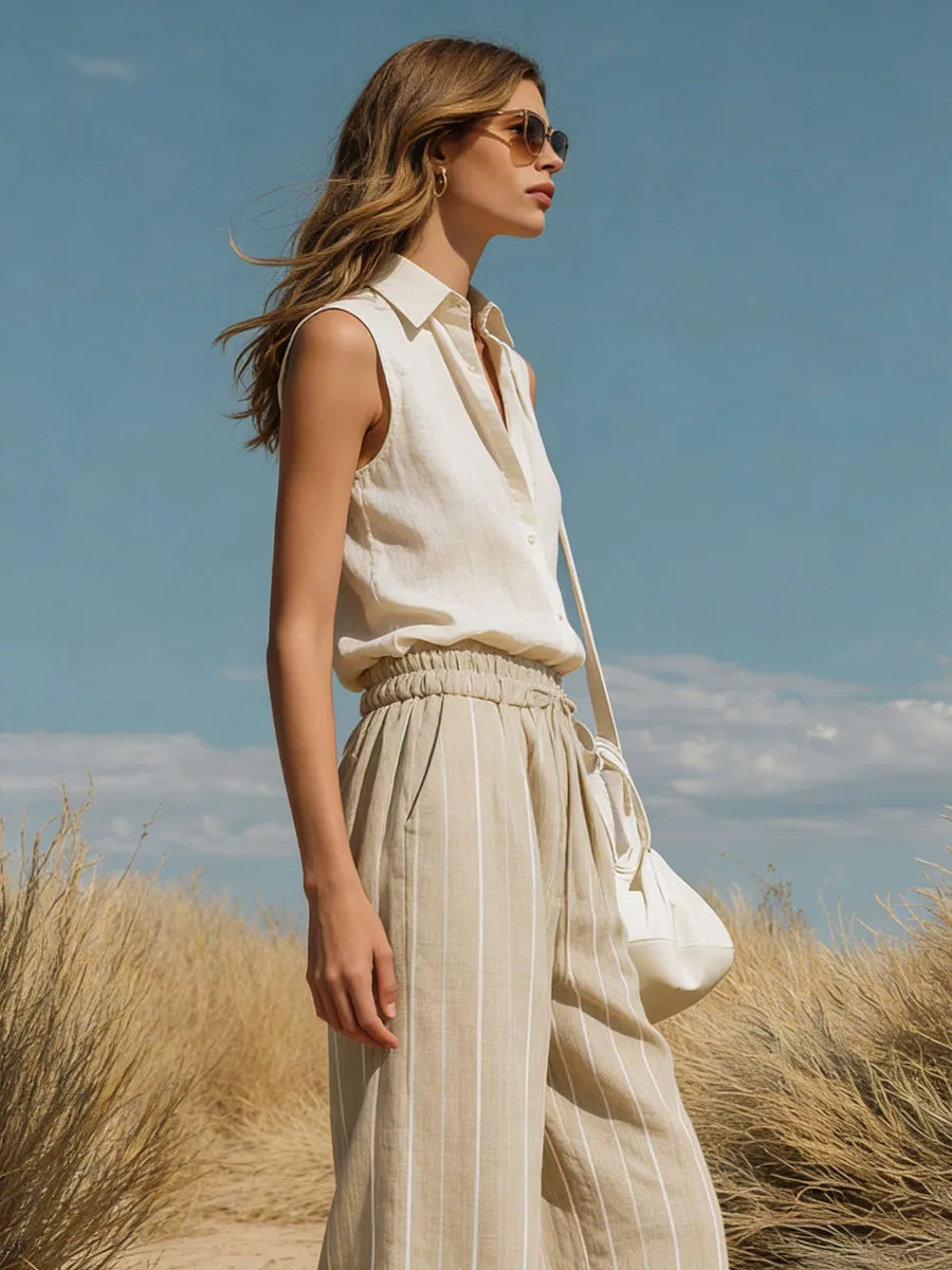 Casual Retro Cotton And Linen Sleeveless Shirt And Khaki Striped Wide-leg Pants Set sold by Oyrosy product image thumbnail 2
