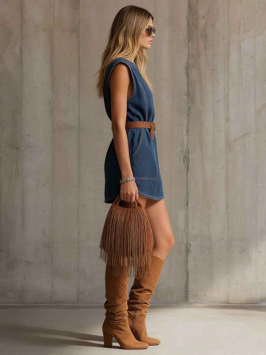 Casual Retro Dark Blue Denim Lace-up Sleeveless Mini Dress sold by Oyrosy product image thumbnail 2