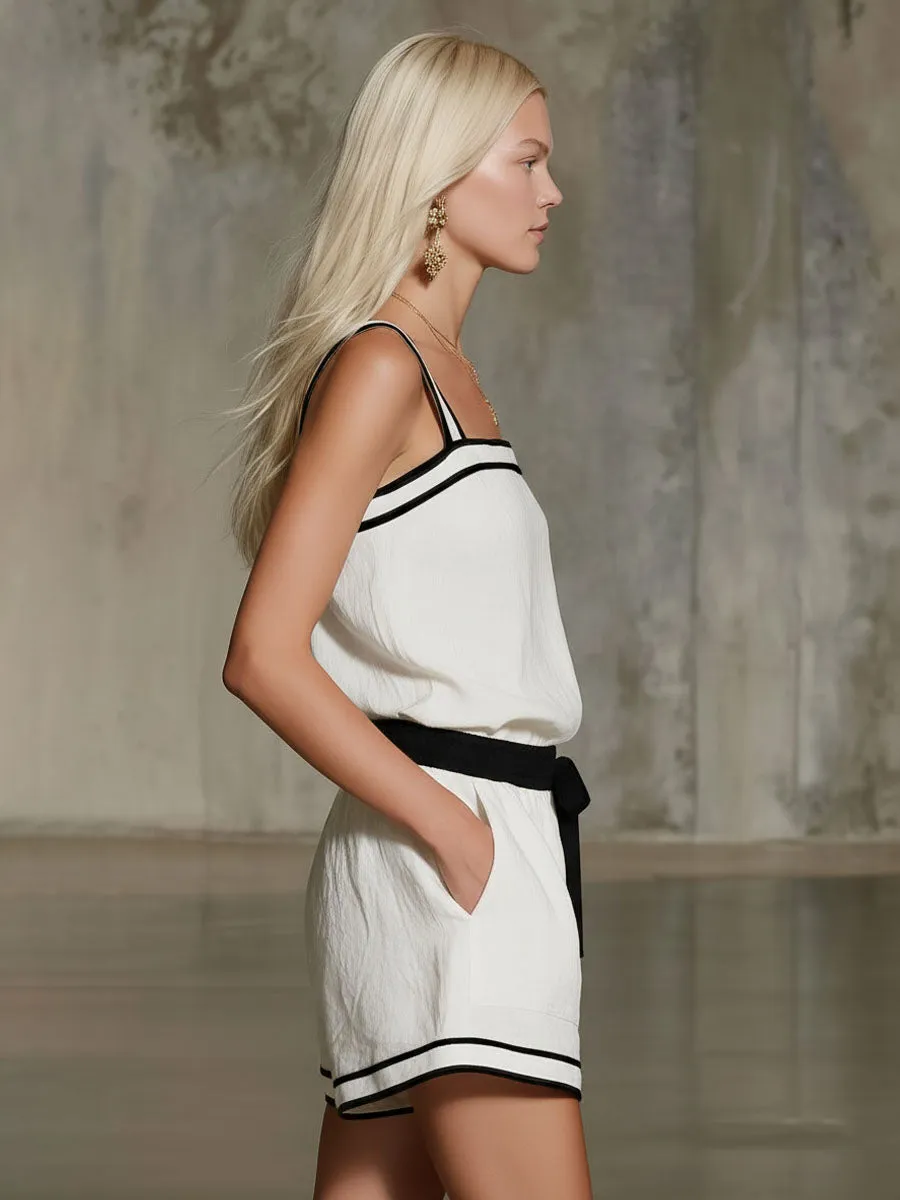 Cotton And Linen Color-blocked Square Neck Wide Shoulder Sleeveless And Shorts Set sold by Oyrosy product image thumbnail 2