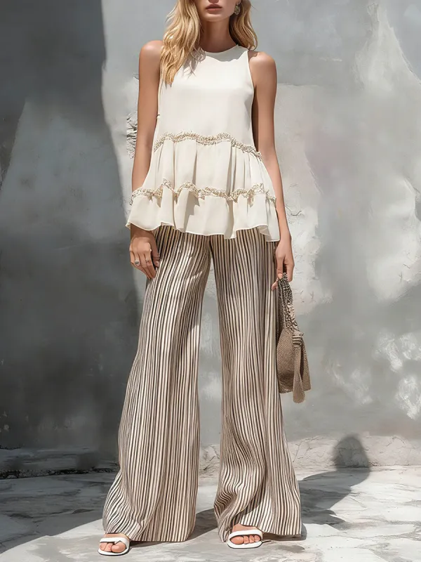 Stylish And Casual Off-white Ruffled Sleeveless Chiffon Blouse And Striped Trousers Set made by Oyrosy