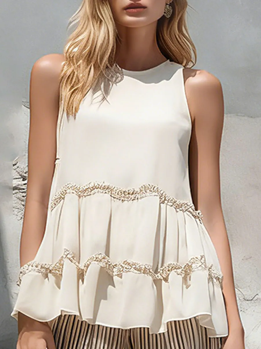 Stylish And Casual Off-white Ruffled Sleeveless Chiffon Blouse And Striped Trousers Set sold by Oyrosy product image thumbnail 4