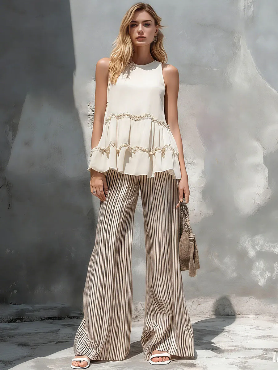 Stylish And Casual Off-white Ruffled Sleeveless Chiffon Blouse And Striped Trousers Set sold by Oyrosy product image thumbnail 3