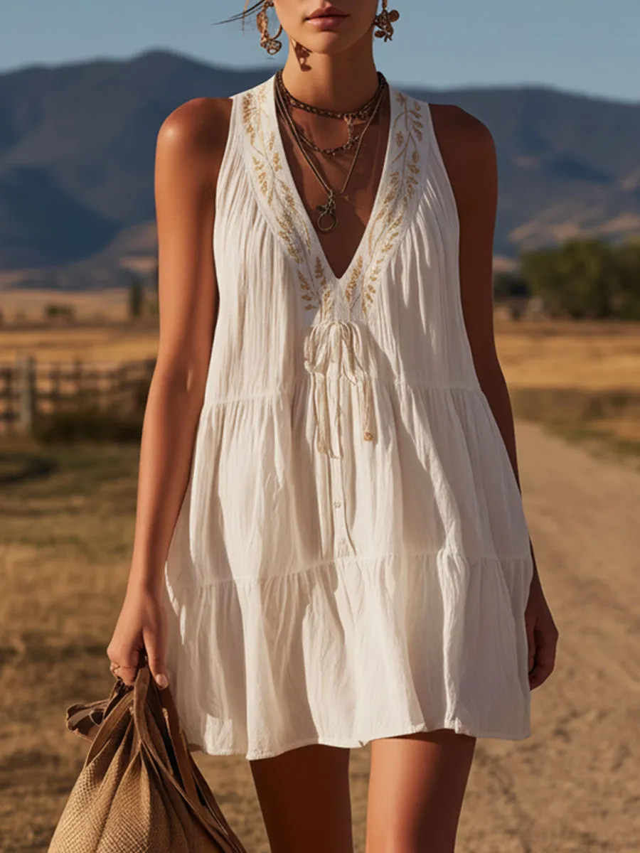 Western Retro Embroidered White V-Neck Cotton Linen Mini Dress sold by Oyrosy