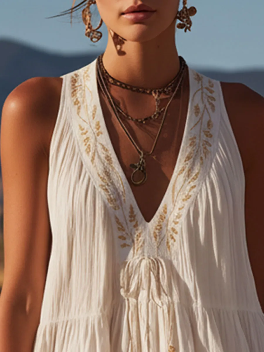 Western Retro Embroidered White V-Neck Cotton Linen Mini Dress sold by Oyrosy product image thumbnail 5