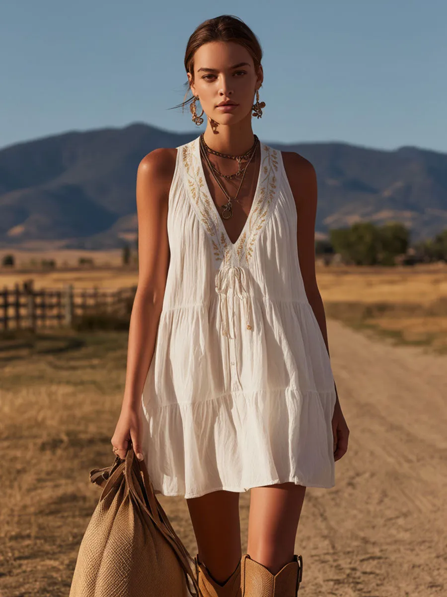 Western Retro Embroidered White V-Neck Cotton Linen Mini Dress sold by Oyrosy product image thumbnail 4