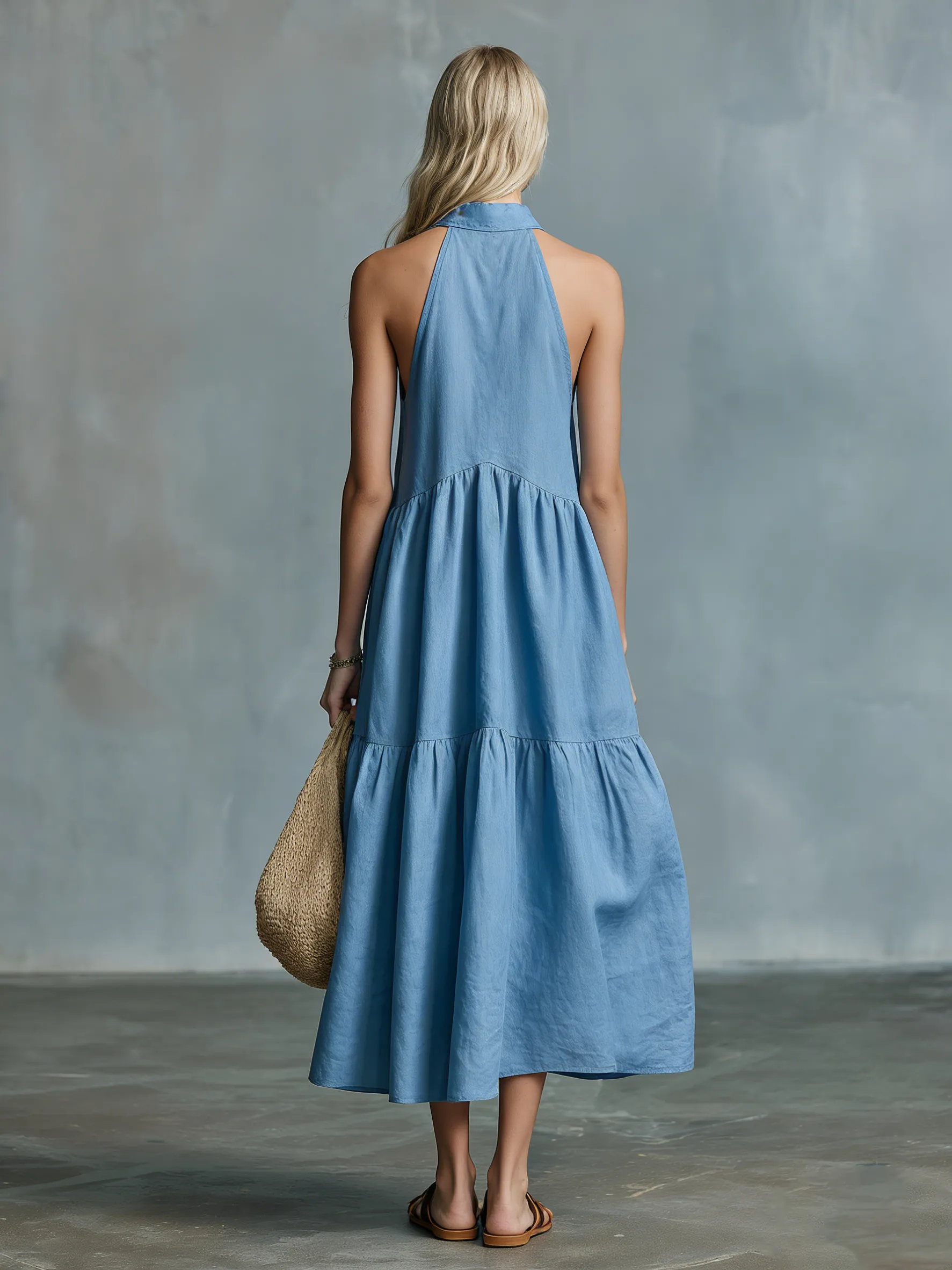 Comfortable And Relaxed Sleeveless Stand-up Collar Button-down Maxi Dress sold by Oyrosy product image thumbnail 3
