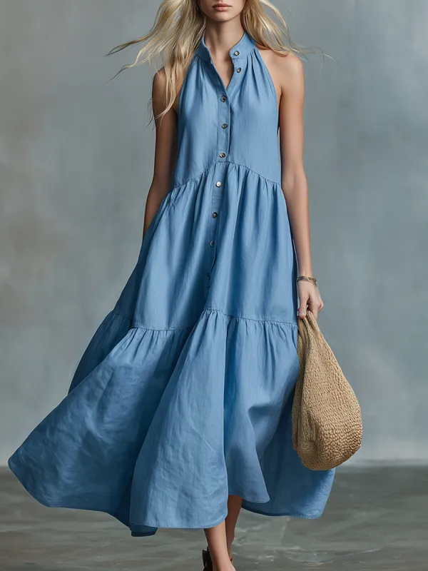 Comfortable And Relaxed Sleeveless Stand-up Collar Button-down Maxi Dress made by Oyrosy