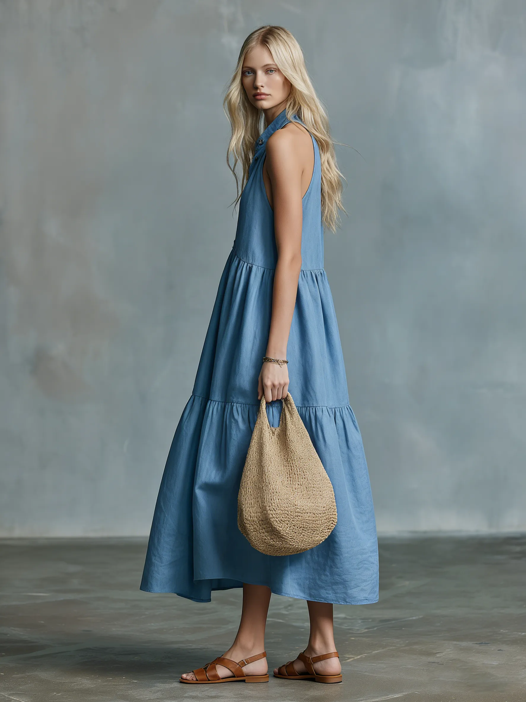 Comfortable And Relaxed Sleeveless Stand-up Collar Button-down Maxi Dress sold by Oyrosy product image thumbnail 2